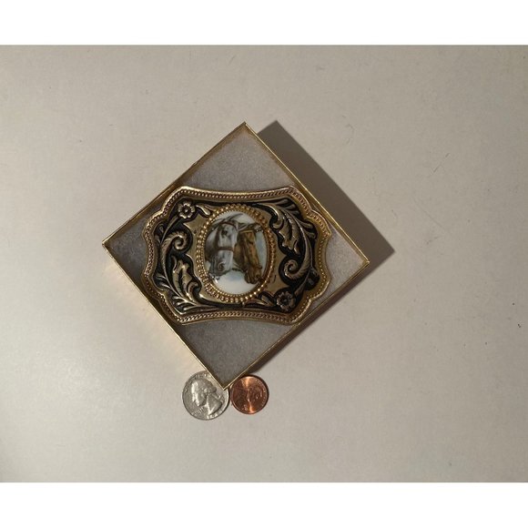 Vintage Metal Belt Buckle, Two Horses, Nice Stone, Nice Design, 3 3/4" x 2 1/2", - Picture 2 of 4